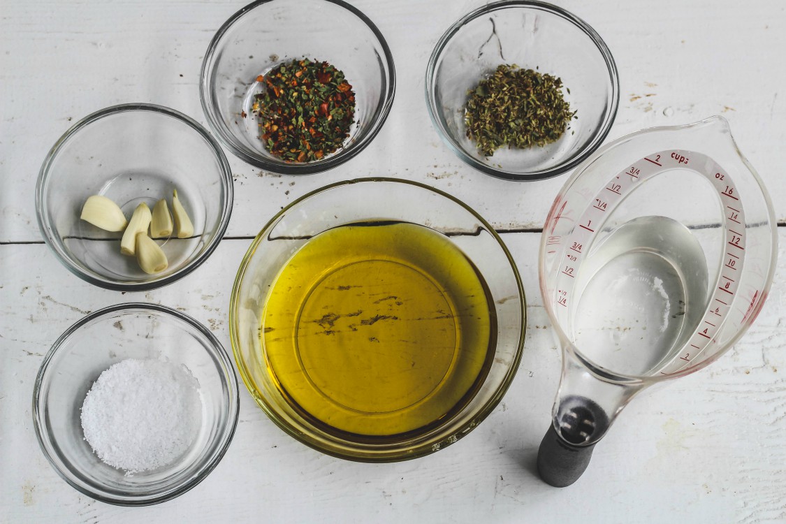 overhead image of marinade ingredients on wooden board