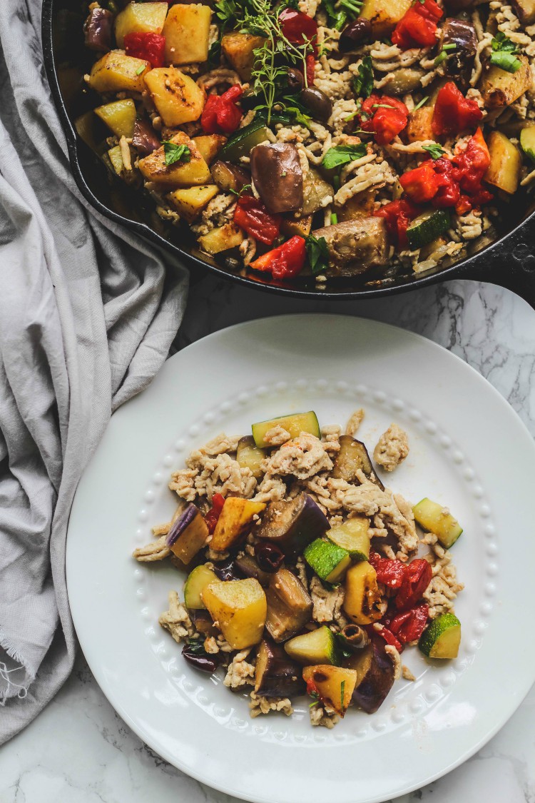 overhead image of Italian breakfast hash on white plate