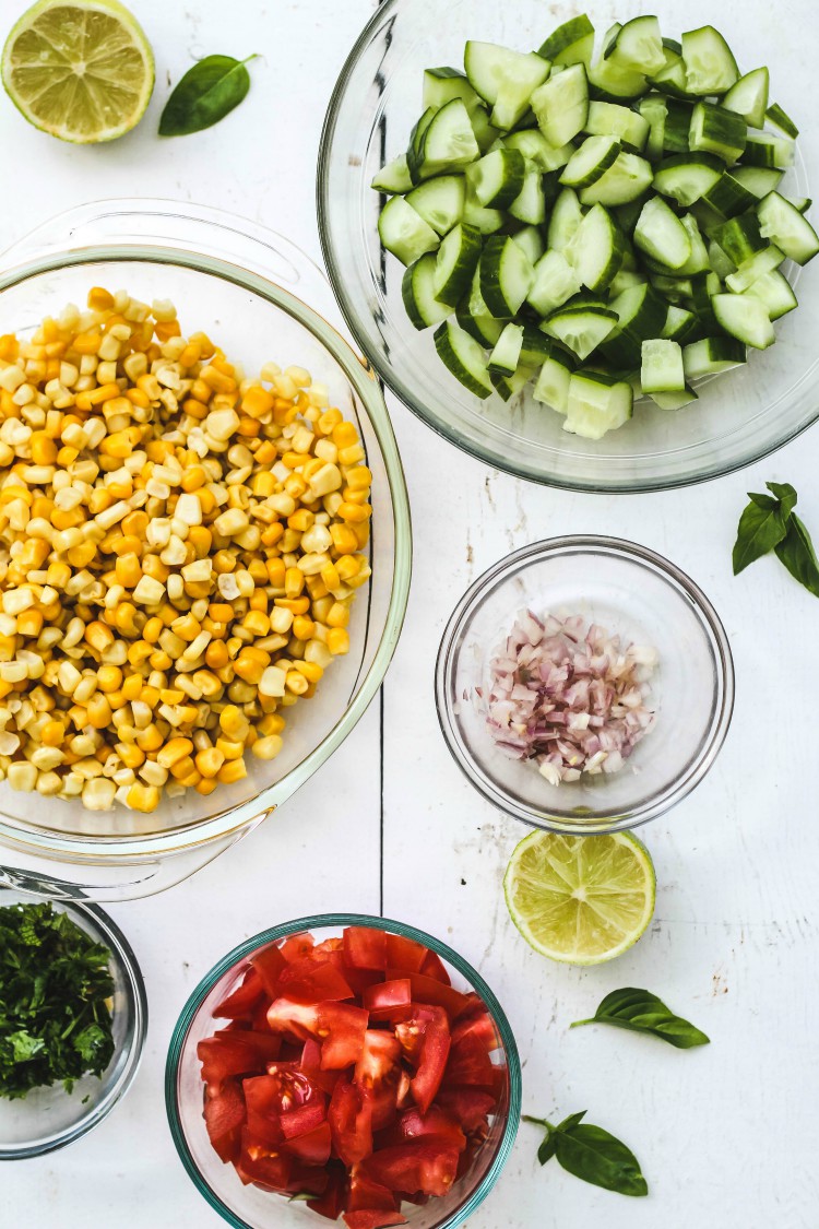 overhead image of sweet summer corn and cucumber salad