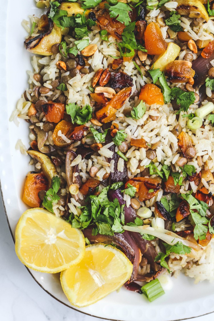 overhead image of lentil rice salad on white plate