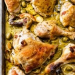 Roasted chicken pieces with golden brown skin on a baking sheet, surrounded by green olives, sliced onions, and a savory sauce-this Chicken with Preserved Meyer Lemons and Olives brings vibrant citrus notes that perfectly complement the rich flavors of the dish.