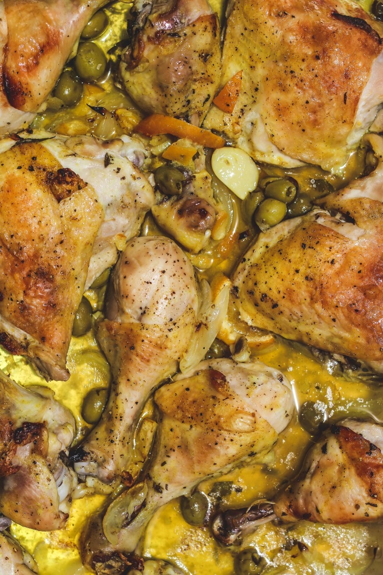 overhead image of chicken with preserved with meyer lemons and olives
