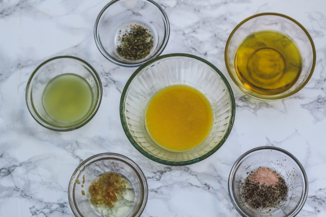 overhead image of marinade ingredients in bowls