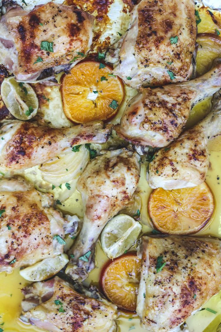 overhead image of sheet pan mojo chicken