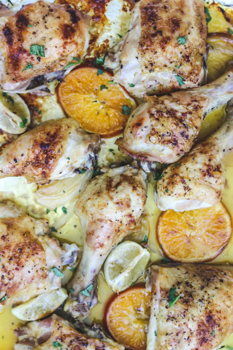 overhead image of sheet pan mojo chicken