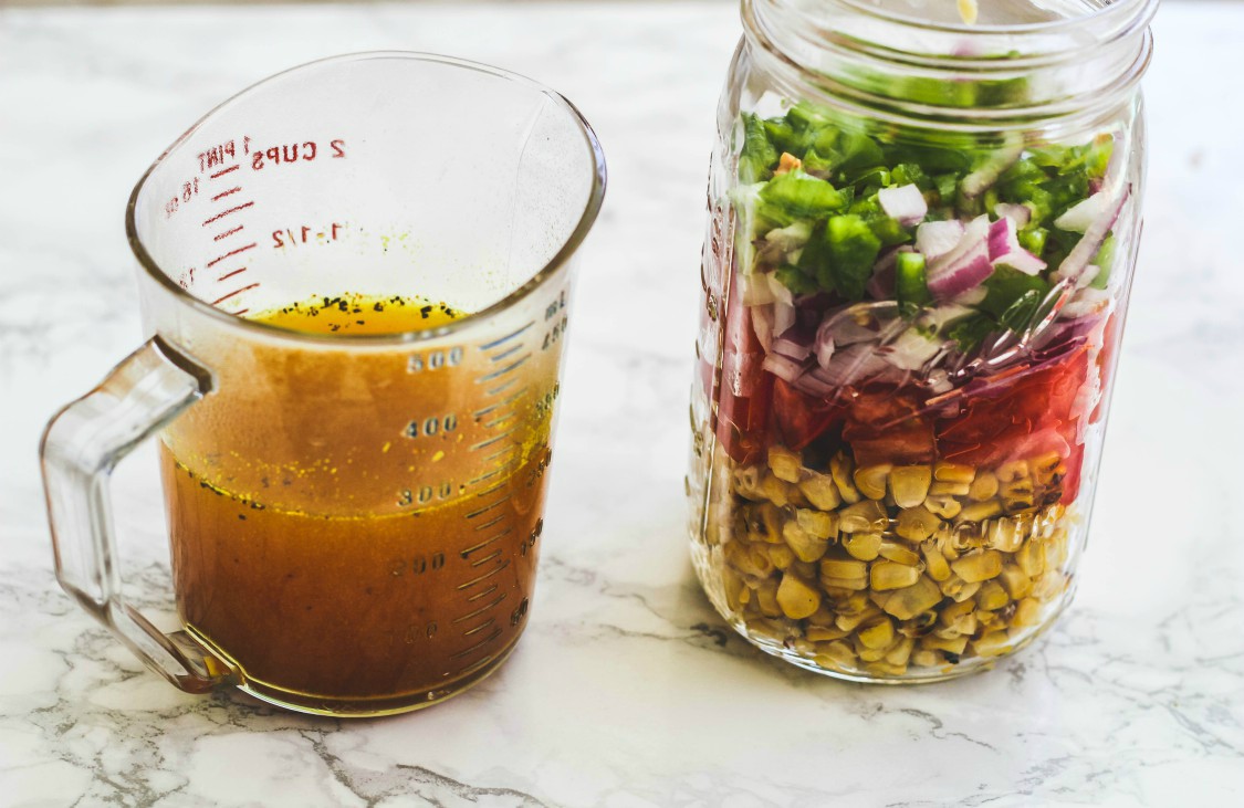 overhead image of making sweet corn relish.