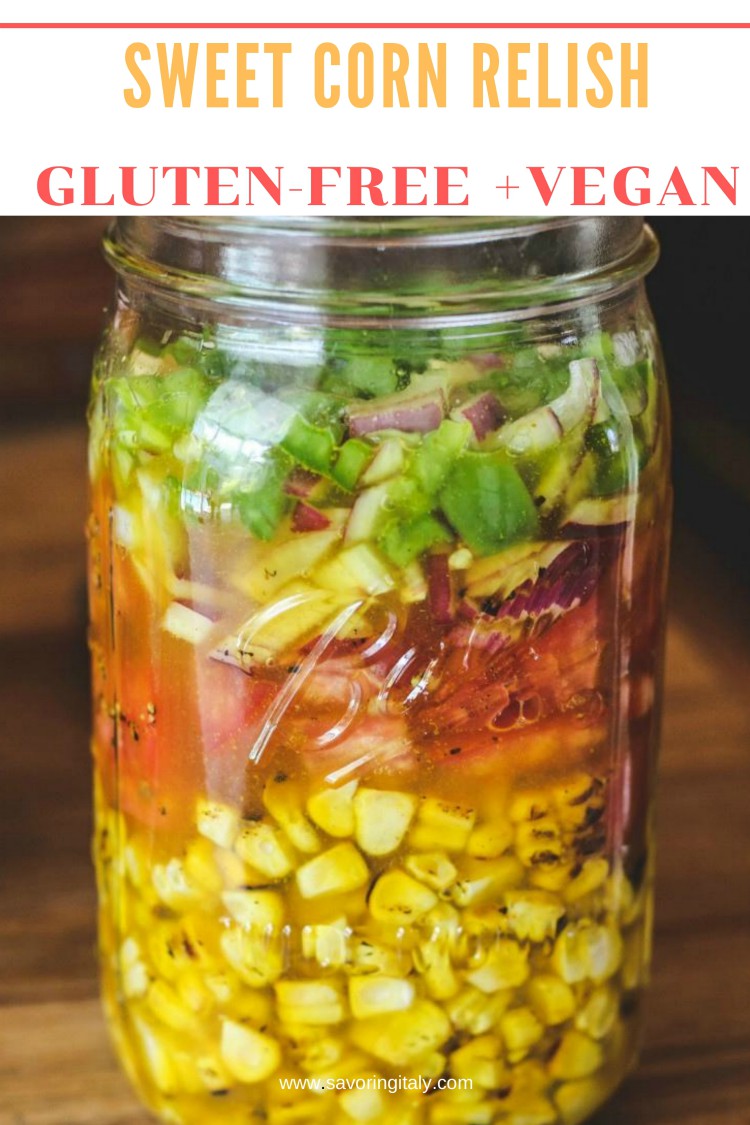 overhead image of corn relish in a large jar