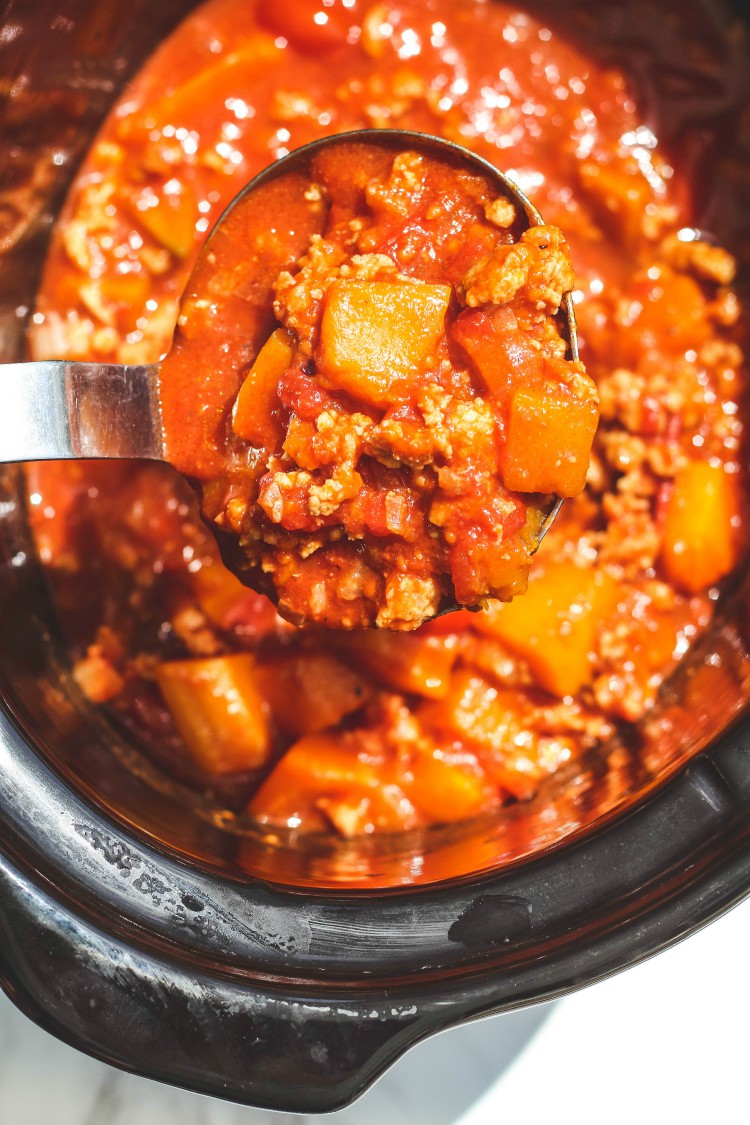 overhead image of no bean butternut squash chili in a crock pot