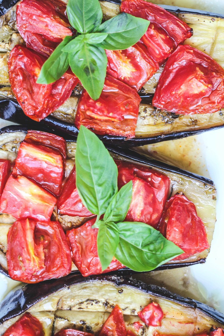 overhead image of sheet pan eggplant and tomato bake,