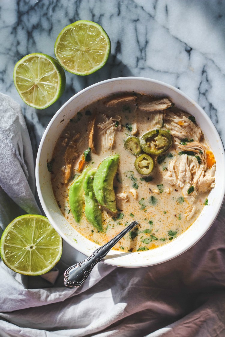 overhead image of slow cooker white chicken chili