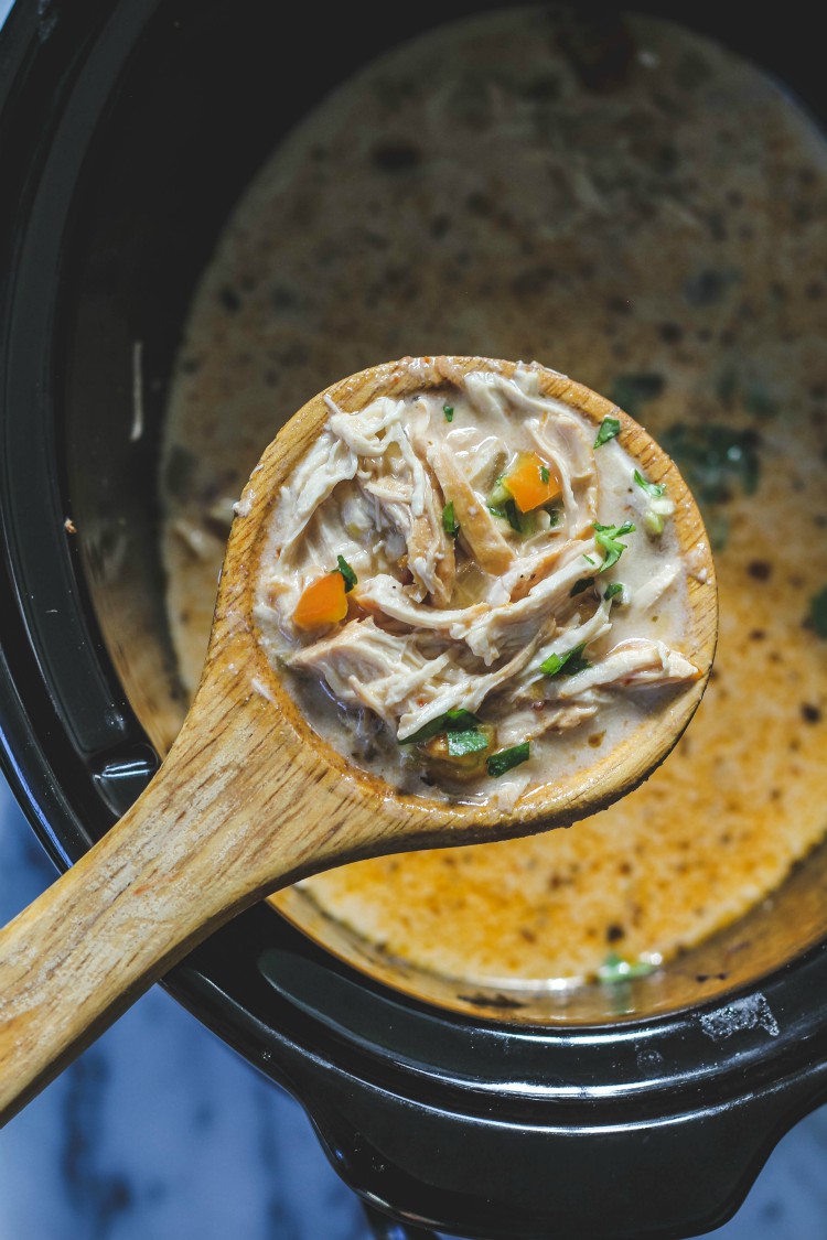 overhead image of slow cooker white chicken chili