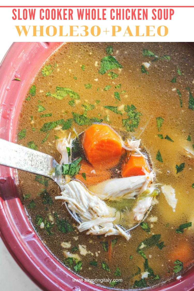overhead image of soup in a red slow cooker