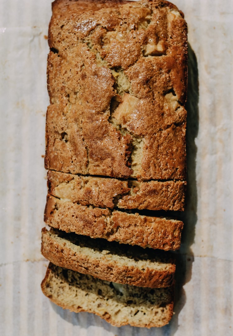 overhead image of sliced banana bread on parchment paper