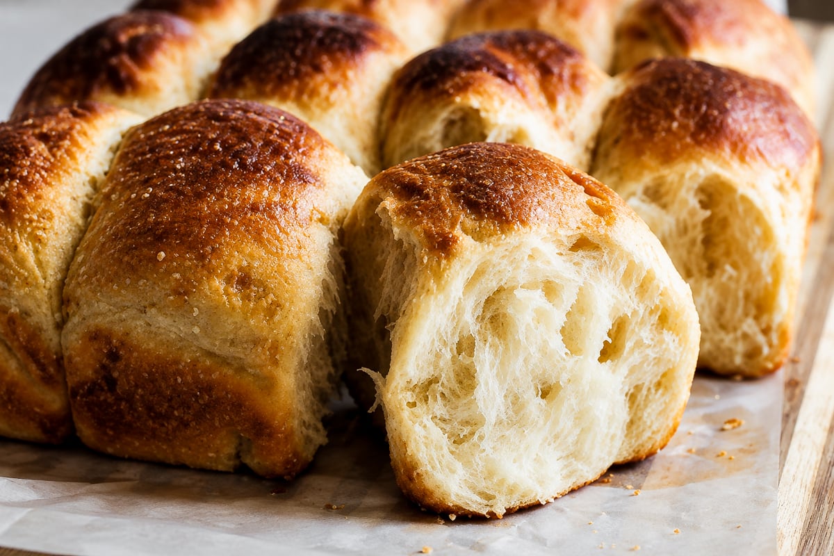 Golden-brown, fluffy Barley Malt Pull-Apart Loaves on parchment paper, with one roll separated to show its soft, airy interior.