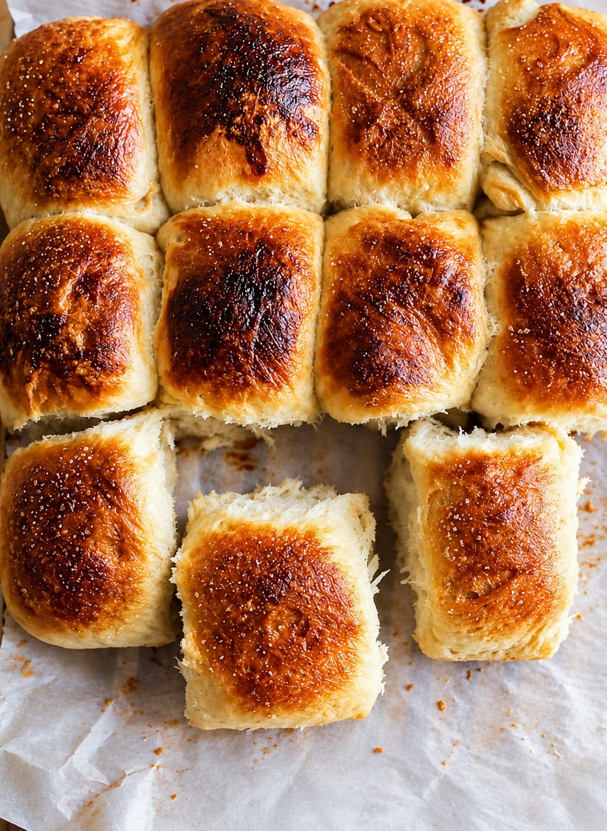 A batch of golden brown, fluffy Barley Malt Pull-Apart Loaves rests on parchment paper, with two rolls pulled apart from the group to reveal their irresistibly soft interior.