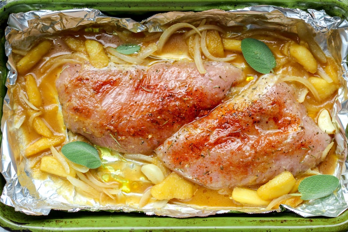 overhead image of turkey tenderloin in a roasting pan.