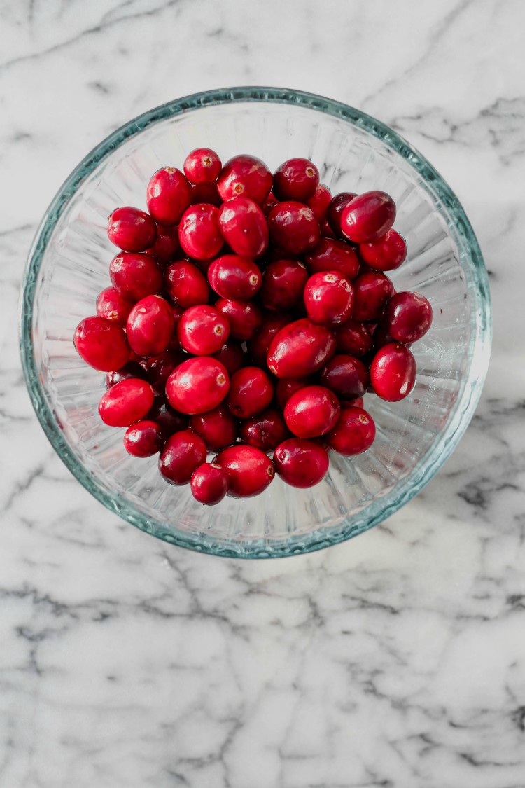 overhead image of bowl of fresh cranberries