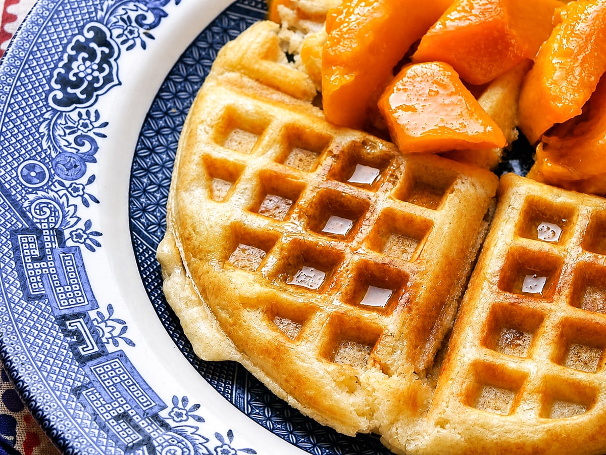 Marion Cunningham waffles on a blue plate.