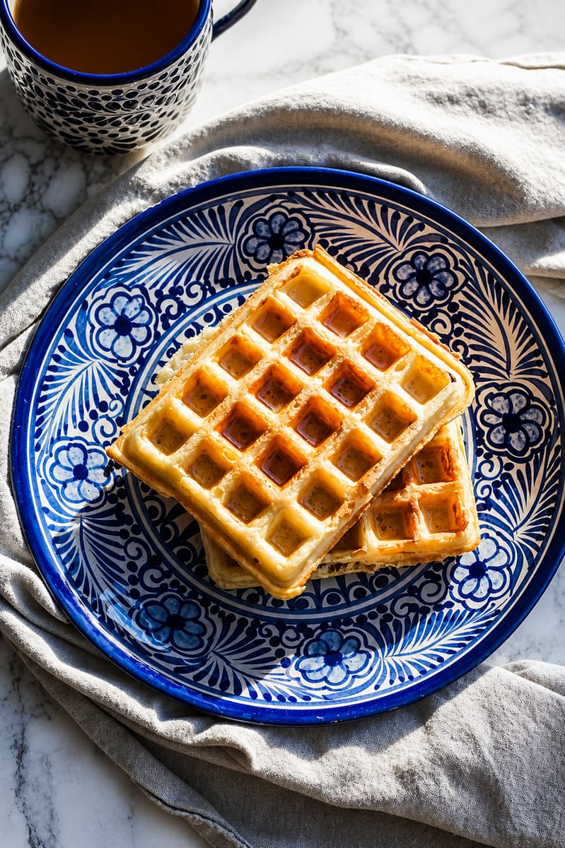 Marion Cunningham waffles on a blue plate.