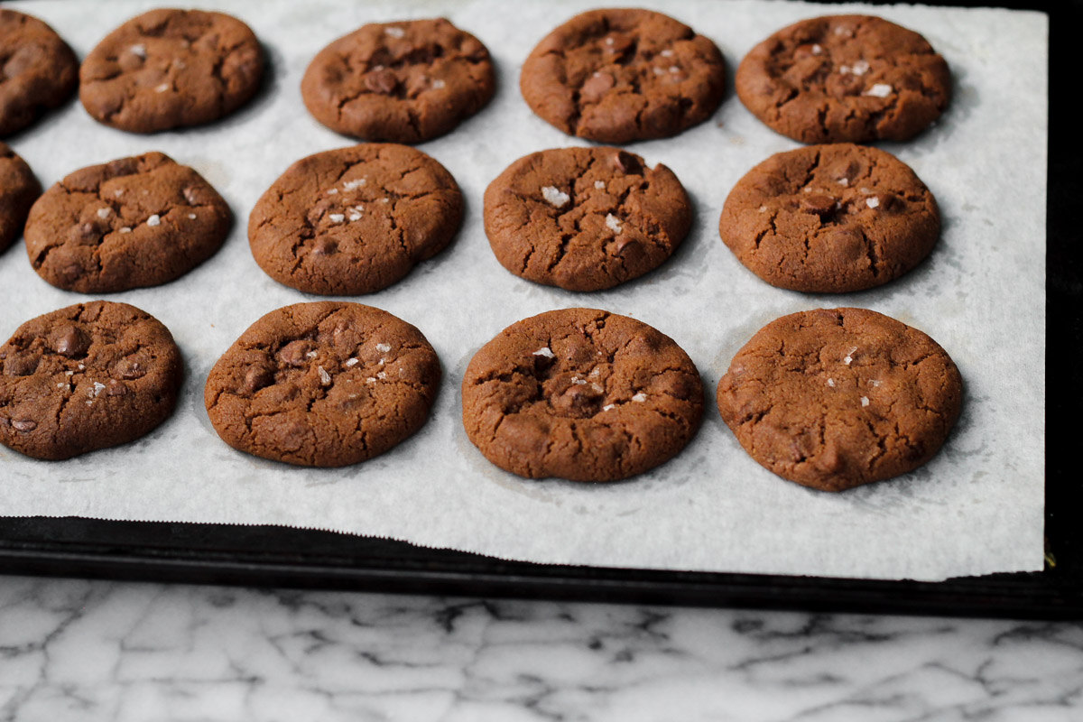 overhead image of chocolate cookies on parchment paper