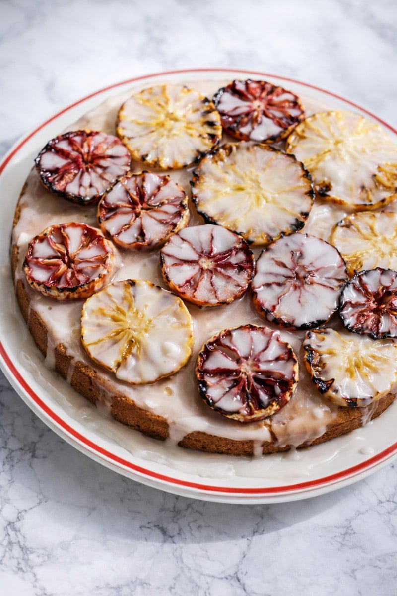 An Orange-Glazed Polenta Cake topped with a glossy white glaze and adorned with thinly sliced, caramelized citrus fruits rests on a white plate with a red rim, set elegantly on a marble surface.