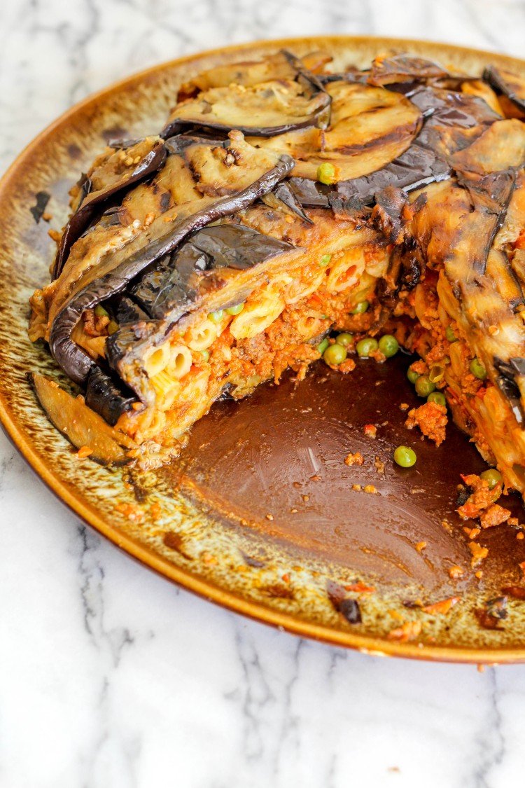 image of an eggplant timbale-timballo di melanazane sliced open 