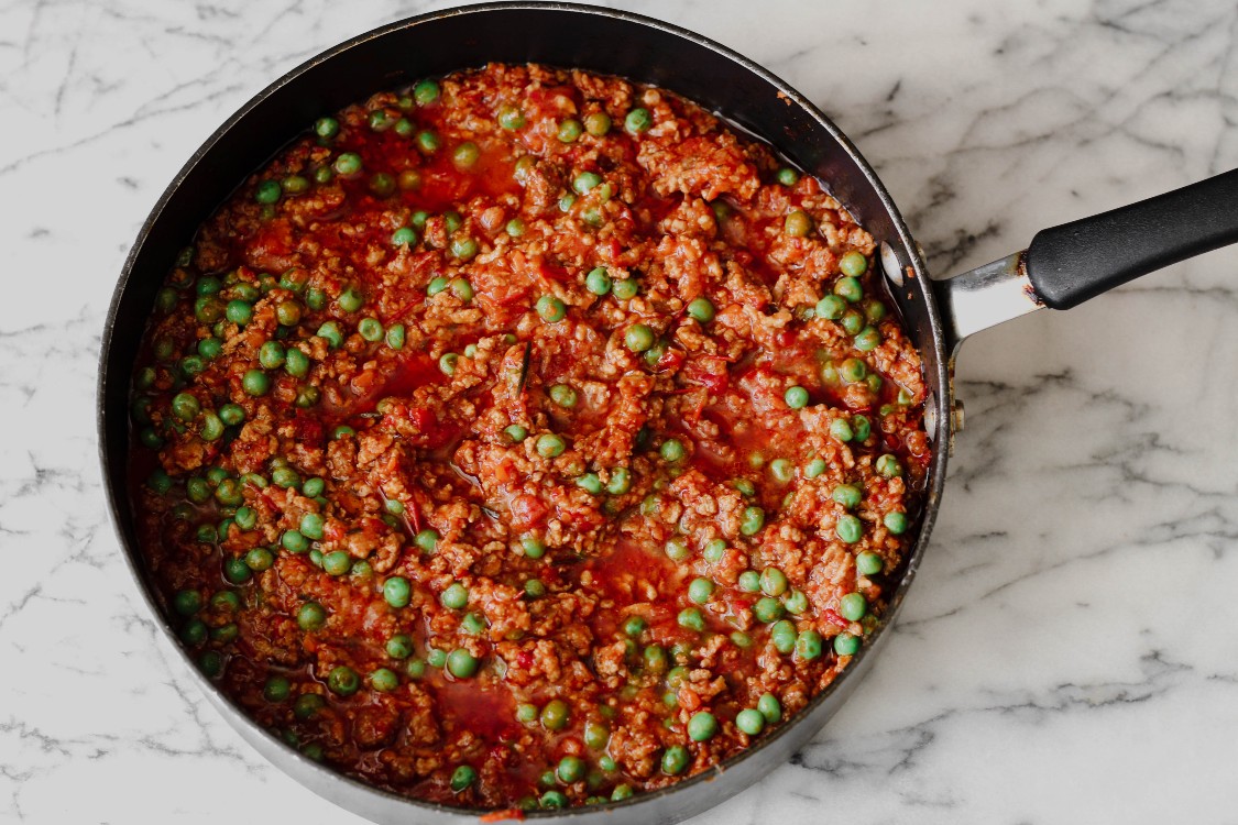 overhead image of making a meat sauce