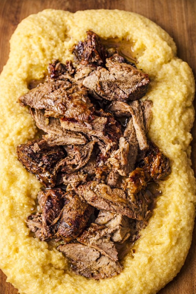 A serving of creamy yellow polenta topped with shredded and browned slow roasted Italian pork, arranged on a wooden surface.