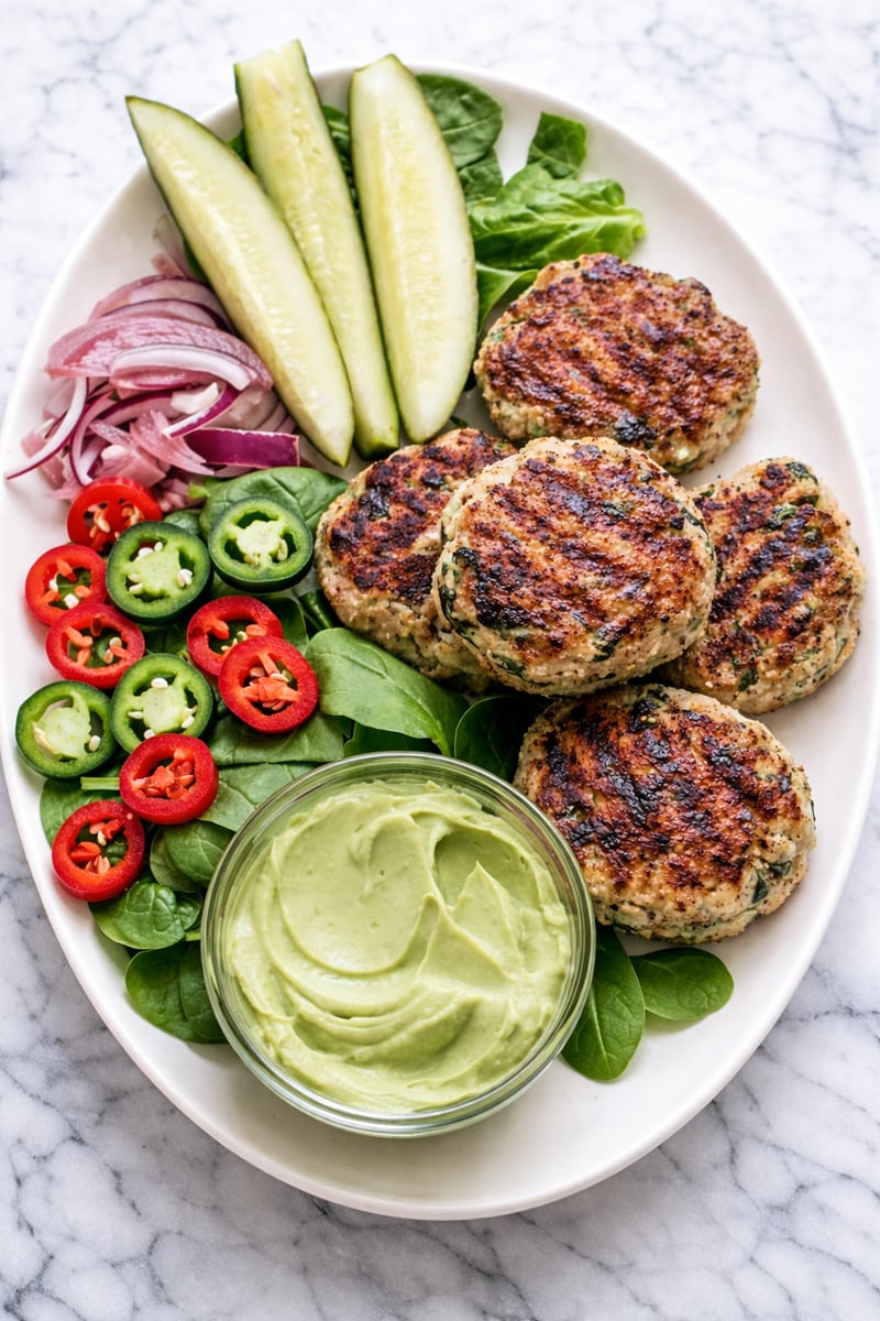 Oval plate with Spinach Chicken Burgers, sliced cucumbers, red onion, red and green chili peppers, leafy greens, and a bowl of creamy green sauce, on a white marble surface.