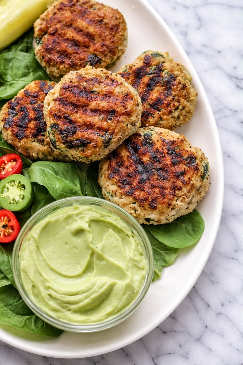 Four grilled Spinach Chicken Burgers rest on a bed of spinach, served with sliced red and green peppers, a pickle spear, and a small bowl of creamy avocado dip on a white plate over marble.
