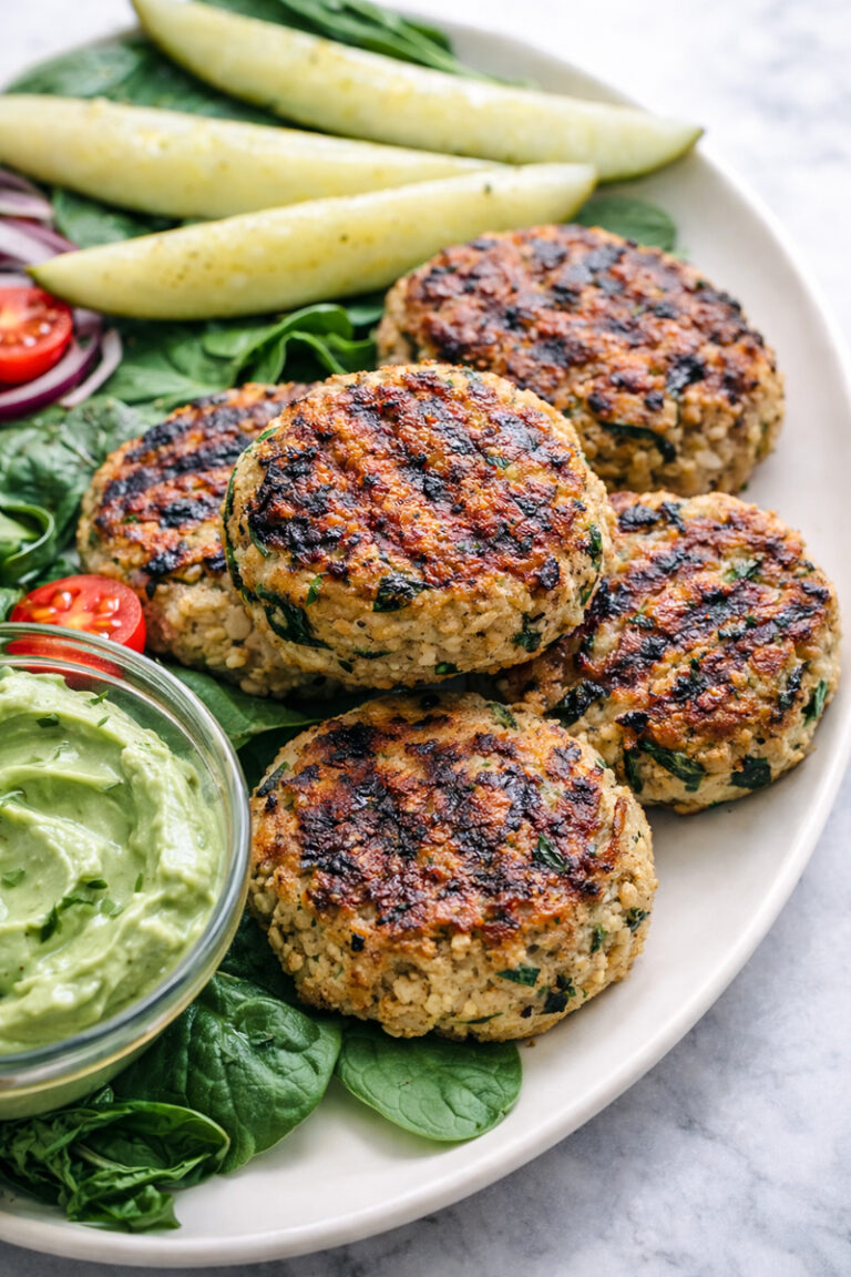 Four Spinach Chicken Burgers are served on a plate with fresh spinach, sliced cherry tomatoes, cucumber spears, red onion rings, and a small bowl of creamy green avocado dip.