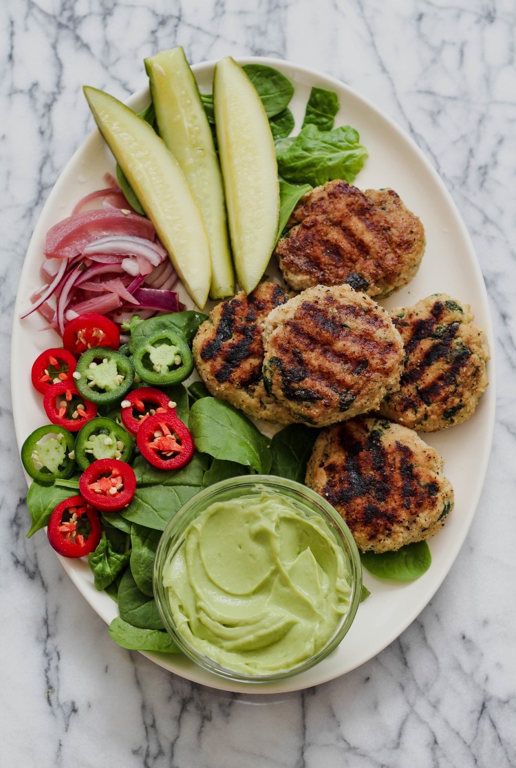 overhead image of spinach chicken burger platter 