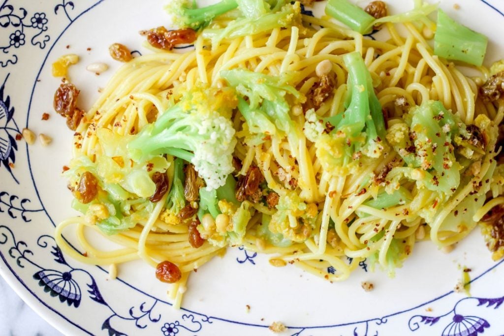 overhead image of easy Sicilian pasta with cauliflower.