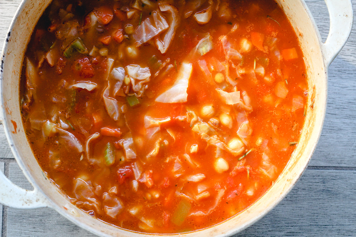 overhead image of a soup in a pot