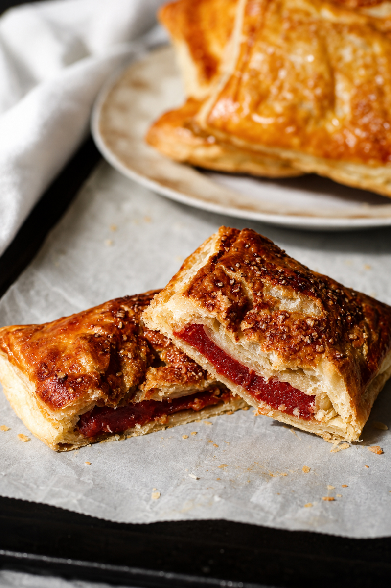 Two flaky pastries with golden crusts are filled with a bright red, jelly-like filling, capturing the essence of Pastelitos de Guayaba-classic Cuban Guava Pastries. One pastry is cut in half, revealing the luscious filling inside. More pastries sit on a plate in the background.