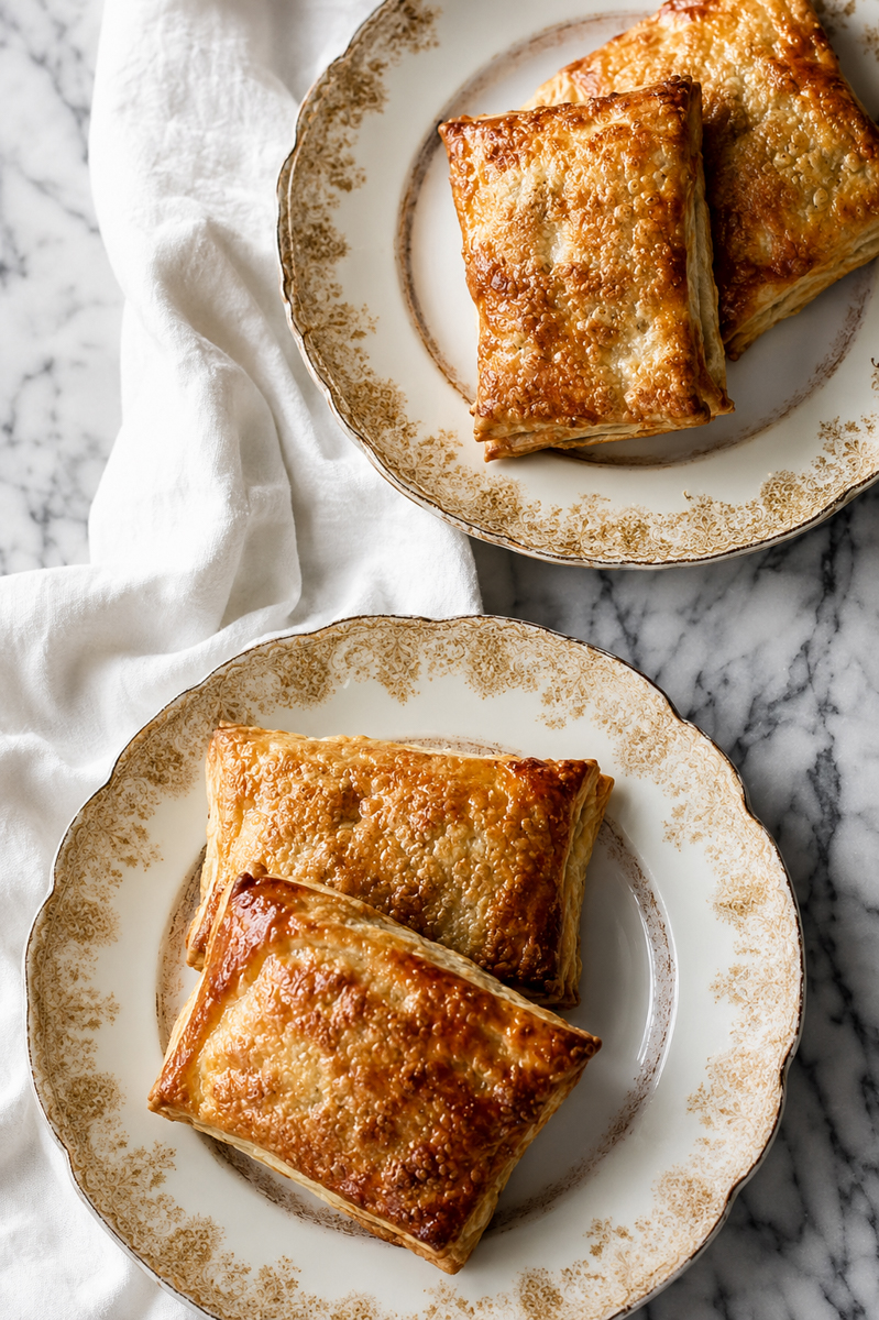 Two decorative plates on a marble surface, each holding golden-brown rectangular Pastelitos de Guayaba-Cuban Guava Pastries-displaying their irresistible sheen. A white cloth napkin is draped beside the plates.