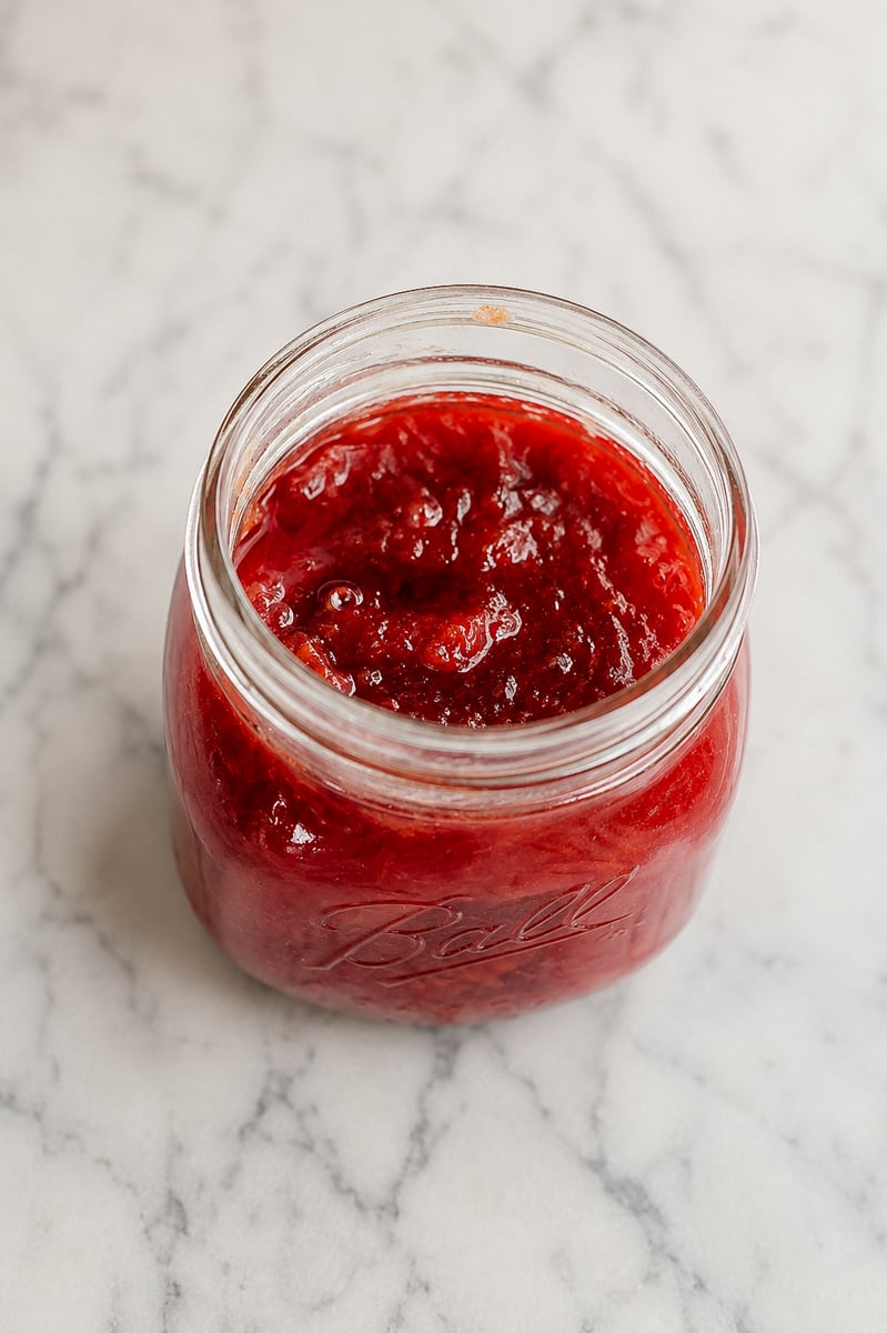 A glass jar filled with bright red strawberry jam sits on a white marble surface. The jam, much like an easy plum jam, appears thick and slightly chunky in texture.