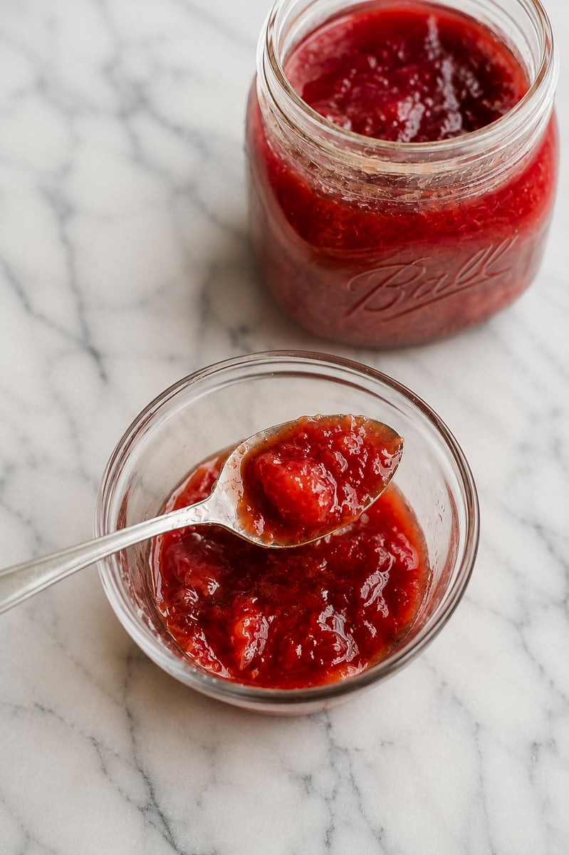 A glass jar and a small glass bowl filled with red strawberry jam sit on a white marble surface. A spoon rests in the bowl, just as it would for serving an easy plum jam.
