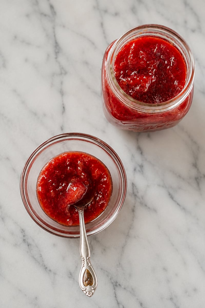 A glass bowl and a jar filled with red strawberry and easy plum jam sit on a white marble surface. A spoon rests in the bowl, coated with jam.