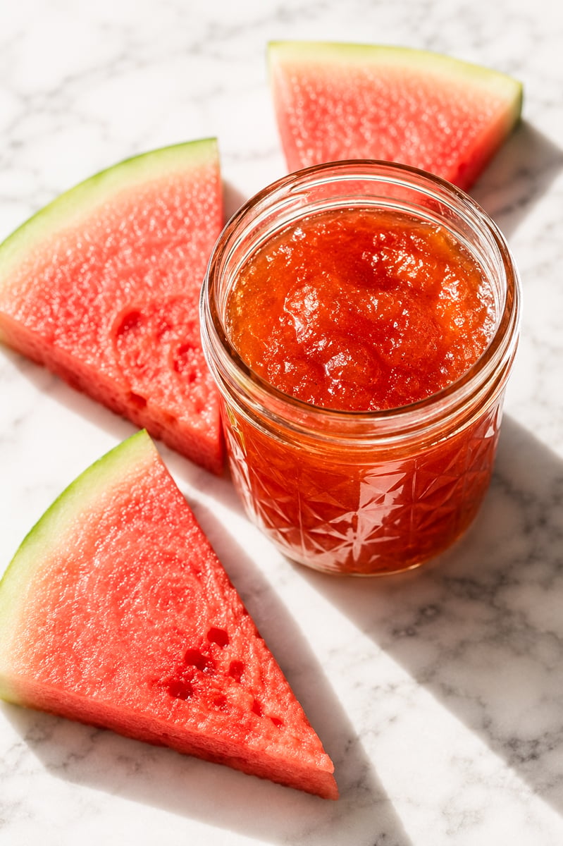 A glass jar filled with watermelon rind jam sits on a marble surface, surrounded by three triangular slices of fresh watermelon.