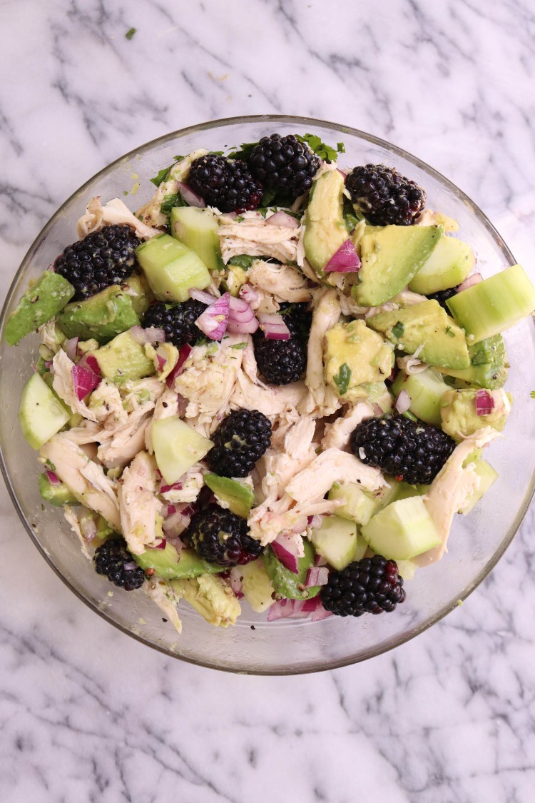 overhead image of chicken avocado salad