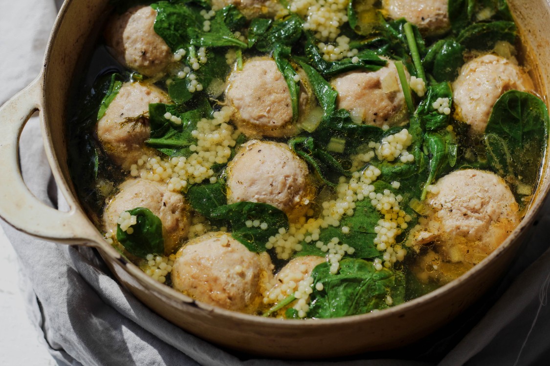 overhead image of Italian wedding soup