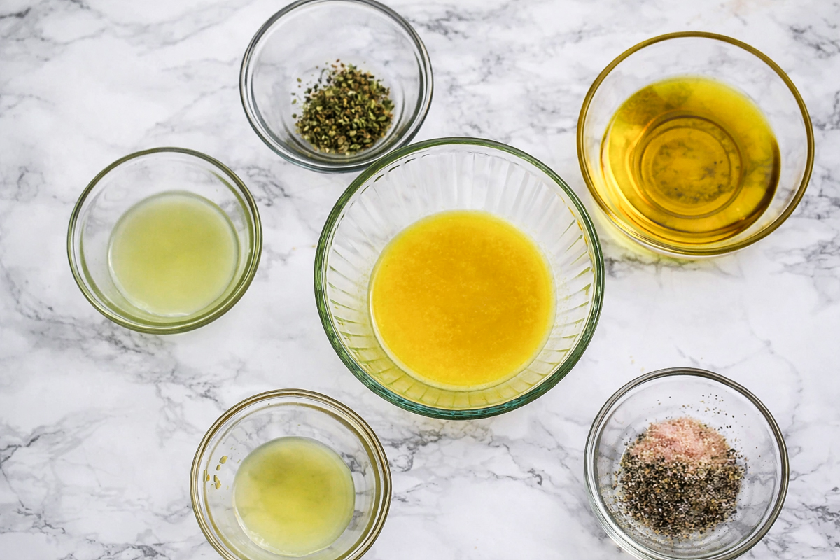 Six glass bowls on a marble surface, each holding an ingredient for Sheet Pan Mojo Chicken: olive oil, lemon juice, minced herbs, seasoning mix, and a yellow vinaigrette dressing in the center bowl.