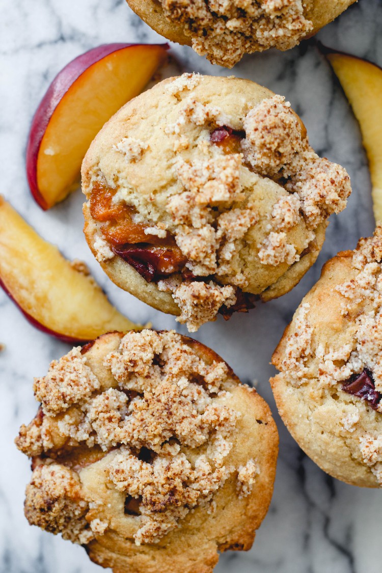 overhead image of peach streusel muffins