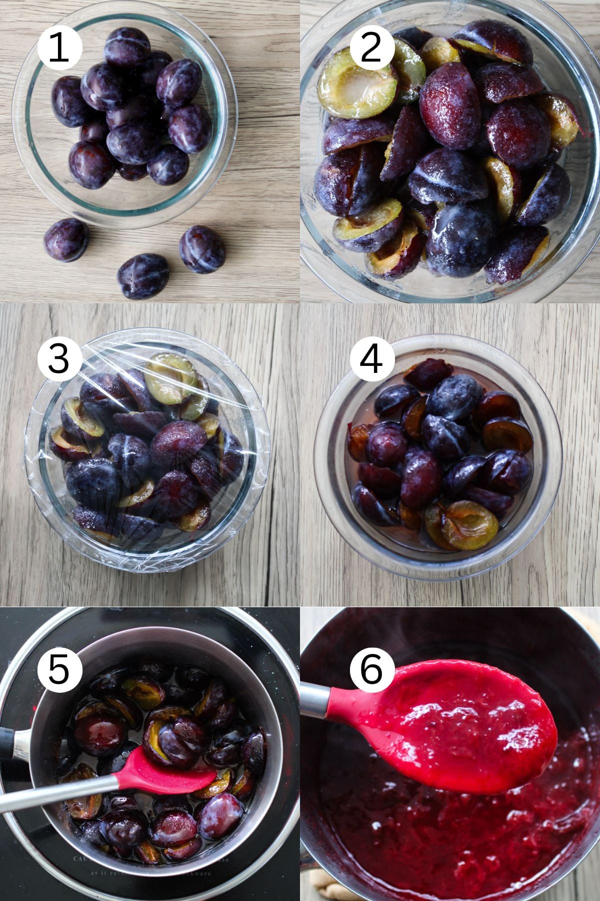A step-by-step collage showing plums in a bowl, sliced and covered in plastic wrap, then softened, cooked into Italian Plum Jam in a pot, and finally a rich red plum sauce on a spoon. Each stage is labeled 1 to 6 for clarity.