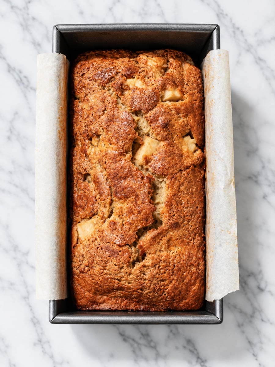 Golden-brown Apple Banana Bread loaf with visible apple pieces in a metal pan lined with parchment paper, set on a white marble surface.