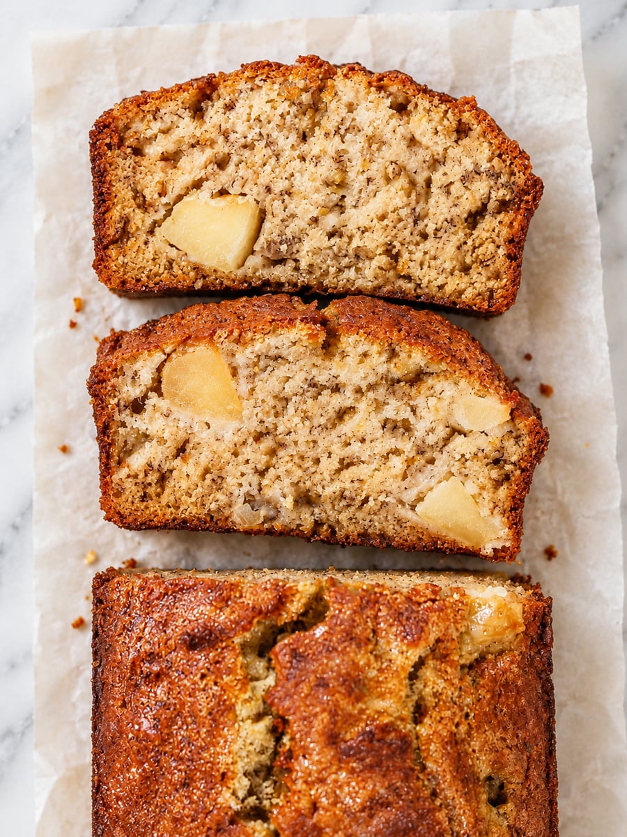 Sliced Apple Banana Bread with visible apple chunks on parchment paper, showing a golden-brown crust and moist texture inside.