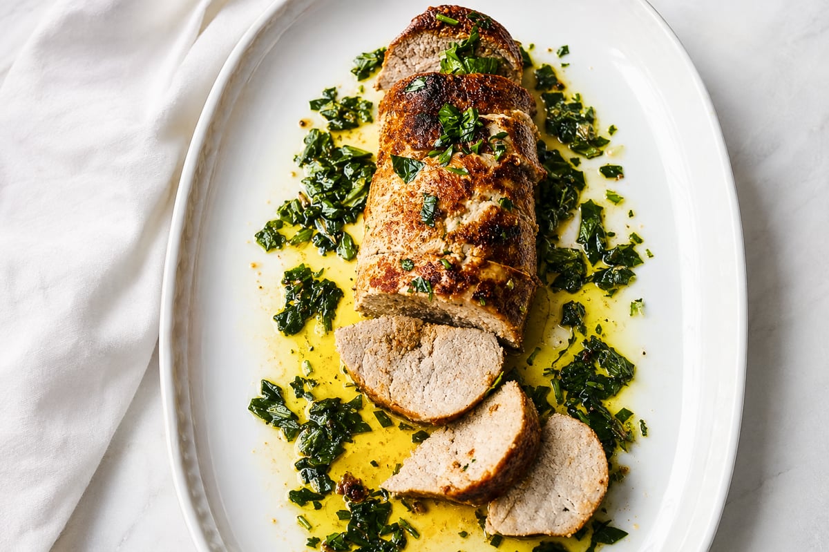Sliced Rosemary and Garlic Pork Tenderloin on a white oval plate, topped with green herbs and olive oil, with sauce drizzled around, placed on a white surface with a white cloth nearby.