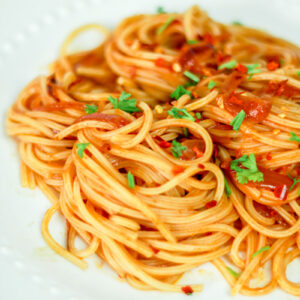 overhead image of caramelized shallot pasta