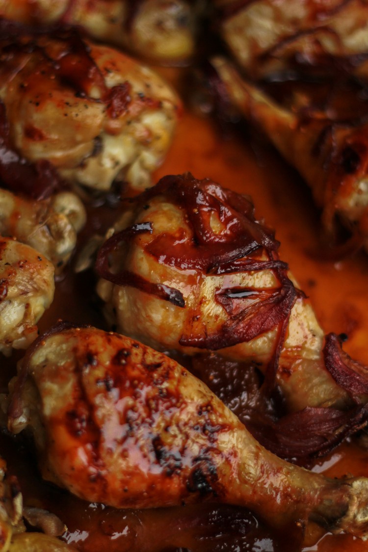 image of balsamic and fig glazed chicken on baking sheet